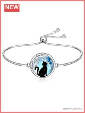 S925 Sterling Silver Cat Bracelet Moonstone Butterfly Adjustable